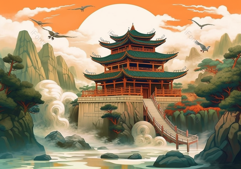 中式古建筑山水国潮风插画背景,插画/手绘图,插画/手绘图库,插画/手绘图下载,插画/手绘